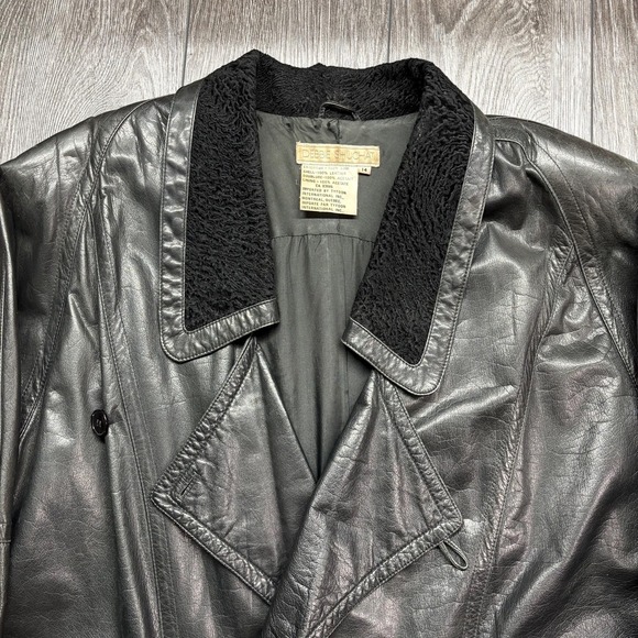 Vintage Wrap Leather Jacket 1990s Debbie Shuchat Coat Black Sherpa XL - Picture 3 of 9
